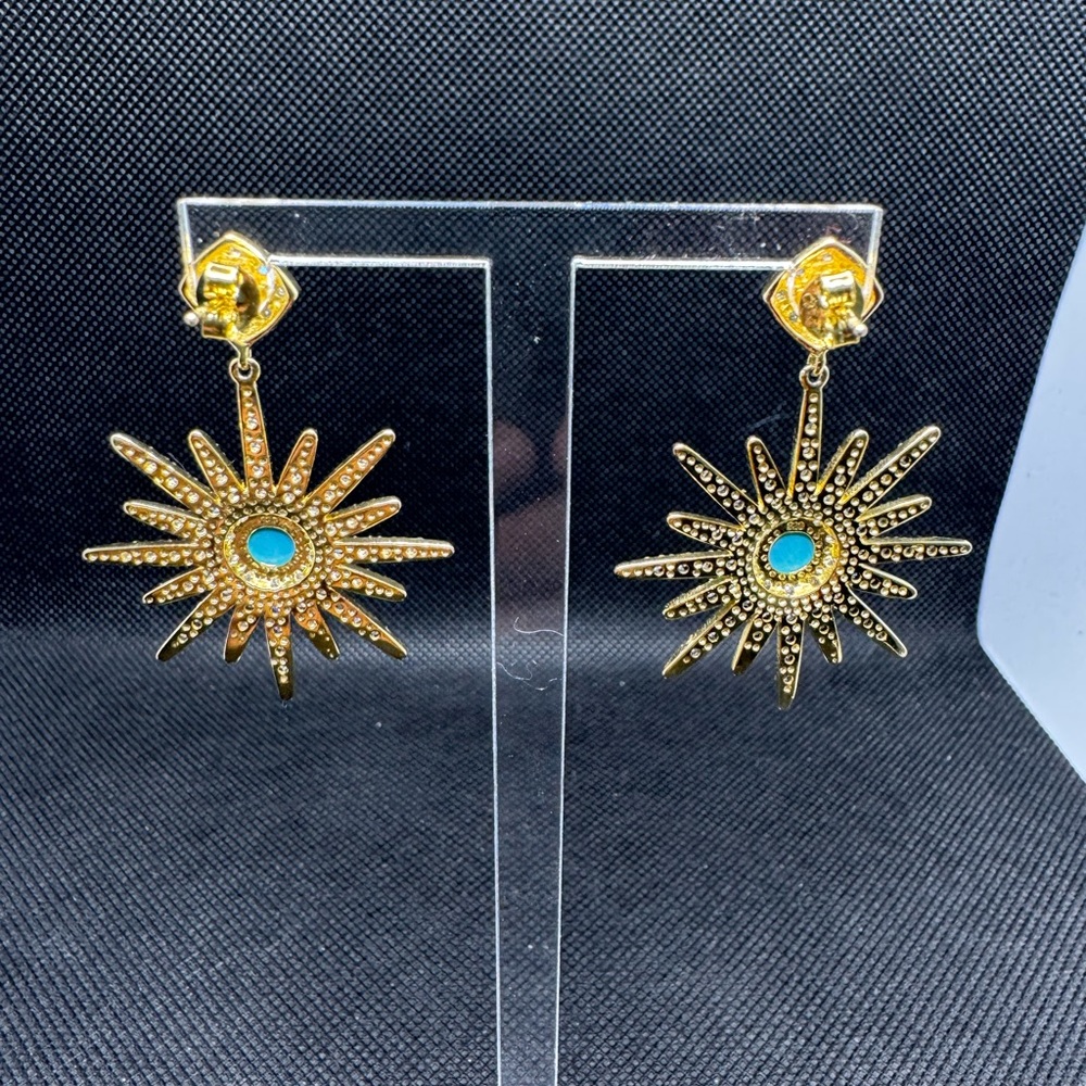 14K Yellow Gold Plated Turquoise & Swarovski Crystal Accented Starburst Earrings - Picture 5 of 5